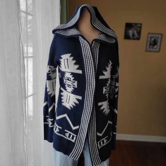 Hippie Rose Navy Blue & White Aztec Hooded Cardigan Sweater, Size Large - Picture 2 of 9